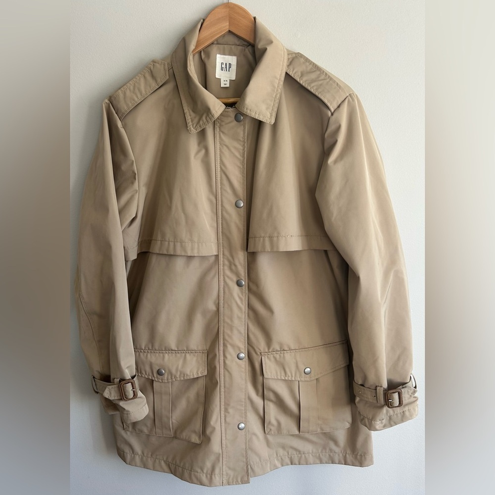 Gap Mens Tan Beige Hooded Short Trench Coat Jacket - Size XL EUC Sp17 2016